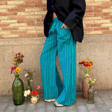 Getadme-Women's Y2K Vintage Summer Baggy Long Pants Drawstring Elastic Low Waist Wide Leg Striped Trousers with 2 Pockets