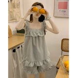 GETADME 섹시 나이트웨어 민소매 파자마 레이스 플레드 퓨어 디자이어 윈드 캐미솔 반바지 여성 홈웨어 투피스 그레이 잠옷 라운지웨어