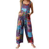 GETADME Captivating New Women Summer Overalls, Multicolor Ethnic Style Square Neck Sleeveless Casual Jumpsuit with Pockets for Girls