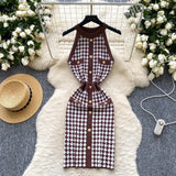 GETADME 2025 New Luxury Houndstooth Knitted Dress Summer Sleeveless Halter Metal Button Design Women Bodycon French Print Sexy Dresses