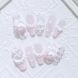 GETADME 10pcs Handmade Press On Nails Light Pink French Style White Long Coffin False Nails Cute 3D Rabbit Designs Sweet Fake Nail Tips