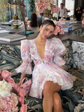 GETADME Flower Printed Short Puff Sleeve Mini Dress Women V Neck Beach Holiday Summer Short Vestido 2025 Seaside A-line Sexy Casual Gown