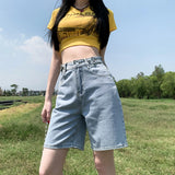 GETADME Summer New Korea Fashion Loose Women Jeans Shorts Purple Pink High Waist Straight Pockets Female Wide Short Pants