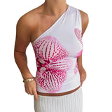 GETADME CUTENOVA Floral Print Fitted Tops Women Resort Wear Graphic Tees Summer 2025 Casual One Shoulder Slash Backless Tank Top