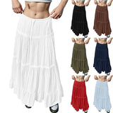 GETADME Women's Flowy Skirts Fashion Flared Ruffle Hem A Line Maxi Skirts Elastic Waist Elegant Tiered Layer Simple Solid Long Skirts