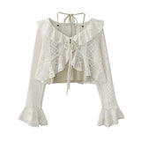 GETADME Women Autumn Top French Retro Sweet Jacket Waisted Short Lace Ruffle Edge Spicy Style Suspenders Two Piece