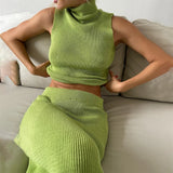 GETADME 2025 New Solid Color Sleeveless Knitted Turtleneck One Pieces High Waisted Knitted Long Skirts Women Elegant Slim Half Skirt Set