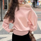 GETADME Batwing Long Sleeve Knitted Pullover Women 380g Thick Off Shoulder Top Korean Fashion Sweater Loose Casual Autumn Outwear Pull