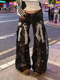 GETADME 2026 Gothic Y2K Style Lace Hollow Out Black Baggy Women's Low Rise Jeans Pants For Woman Clothing Straight Loose Long Trousers