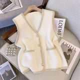 GETADME Women's Clothing Temperament Knitted Vest Cardigan Autumn/Winter Elegant Pockets Sweater Lady Basic V-neck All-match Button Tops