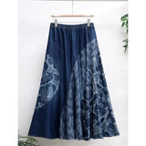 Getadme- New Long Maxi Women Elastic High Waist Autumn And Winter Denim Printed Floral Lady  A-Line Patchwork Skirts