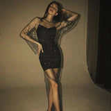 Getadme-Y2K Sexy Shiny Rhinestones Grid Fishnet Dress Long Sleeve Hollow Out Side Slit Dress Beach Cover Up Breathable Lady Vestidos