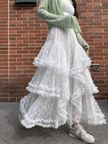GETADME Elegant Long Multi Layer Mesh Skirt for Women Elastic Waist A-Line Summer Skirt Woman Sweet White Lace Patchwork Cake Skirts