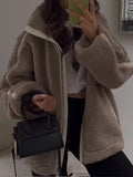 Getadme Lapel Lamb Wool Patchwork Jacket Women Loose Long Sleeve Zipper Warm Coat Autumn Winter Fashion Female Street Outwears