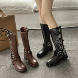 GETADME Vintage Woman Western Cowgirl Boot Fashion Belt Buckle Long Booties Autumn Winter Suqare Low Heel Girl Shoes