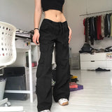 GETADME Retro Lace-up Low Rise Pants Streetwear Patchwork Loose Casual for Women Harajuku Straight Trousers Korean Fashion