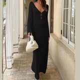 GETADME Sexy Women White Long Knit Sleeve Bikin Fashion Cover Up Female See-Through Deep V-Neck Hollow-Out Beach Knitwear Backless Dress