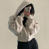 GETADME Korean Hood Shirt Women Fashion Fleece Lined Loose Hoodies Zipper Long Sleeve Crop Tops Harajuku Female Jackets Coats Sweatshirt