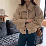 GETADME 한국 스타일 짧은 양털 벨벳 재킷 스탠드 칼라 싱글 버튼 루즈 다용도 탑 여성 가을 ​​겨울 신상품