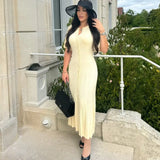 GETADME Elegant Knitted Single Breasted Midi Dress Women's Fashion Patchwork Curvy Dresses Female Casual 2025 Spring Summer Apricot New