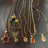 GETADME Vintage Brown Natural Stone Pendant Necklace for Women Fashion Geometric Long Leather Rope Necklace Sweater Chain Jewelry Gifts