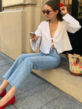 GETADME Casual Solid Lace Up Women Blouse Deep V-neck Long Sleeve Loose Female Shirt 2025 Spring Summer New Fashion Sweet Ladies Blouses