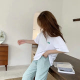 GETADME 여름 홈웨어 플레드 9포인트 팬츠 캐주얼 릴렉스 통기성 얇은 신축성 허리 팬츠 여학생 파자마 팬츠