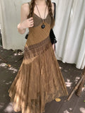 GETADME Korean style Ethnic Irgular Spaghettic Strap Fairy Boho Hippie Dress Women Tassel Mesh Stitching Spice Summer Beach Slim Dress
