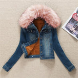 GETADME 2025 Autumn Winter Fleece Denim Jacket Women Big Fur Collar Short Coat Thicken Velvet Liner Warm Tops Lady Jean Coat Outerwear
