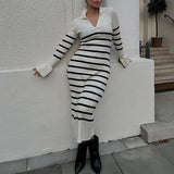 GETADME Elegant Ribbed Knitted V Neck Lapel Women Long Sleeve Elastic Solid&Stripes Printed Maxi Dresses Lady Fall Winter Bodycon Robes