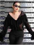 GETADME Sexy See-through V-neck Long Sleeve Chiffon Top Beach Party Shirt Trans-seasonal Women's Low Cut Shirt Ruffle Solid Color Tops