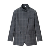 GETADME HH Women Fashion Plaid Blazer Coat Stand Collar Long Sleeve Jacket 2026 Spring Trend Casual Office Lady Chic Outerwear