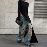 GETADME Y2K 여성 의류 긴팔 가을 사이드 하이 스플릿 O넥 롱 스타일 스트리트웨어 티셔츠 솔리드 타이트 여성 티셔츠 클럽웨어