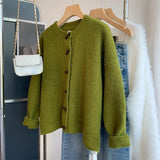 GETADME Green Knitted Cardigan Sweater Coat 2025 Women's Autumn Winter Thickened Soft Outerwear Fashion Horn Buckle Knitwears Sweater