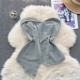 GETADME Chic Denim Asymmetrical Tube Top Korean Fashion Tank Top Slim Sexy Strapless Casual Hotsweet Crop Tops Summer Women Clothing