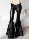 GETADME New Personality Drawstring Folding Bow PU Leather Flare Pants Europe And The United States Sexy Low Waist Solid Color Pants