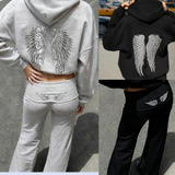 GETADME Retro shiny wings printed long-sleeved zipper casual sweatshirt autumn and winter women's hooded straight pants solid color suit