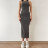 GETADME 2025 New Solid Basic Vintage Sleeveless Ribbed Bodycon Women's Summer Knit Dress Casual Sexy Slim Hip-cover Midi Dress For Women