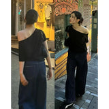 GETADME 캐주얼 루즈핏 오프숄더 티셔츠 편안하고 가벼운 반팔 투웨이 웨어 스타 스타일 원로우 칼라 크로스바디