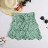 GETADME Handmade Crochet Hollow Out Swimwear Cover Up Solid Color Drawstring Short Skirt Women Holiday Knitting Sweet Beachwear