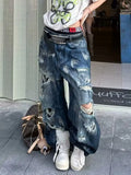 GETADME Y2K Ripped Jeans Women American Street Washed Casual Summer High Waisted Loose Versatile Straight Leg Wide Leg Pants