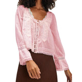 GETADME Combhasaki Women's Y2K Fairy Long Sleeve Square Neck Shirts Lace Patchwork See-through Tie-up Front Button-down Blouse Crop Tops