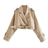 GETADME 2025 Belt Cropped Trench Spring Jacket Women Vintage Streetwear Double Breasted Long Sleeve Top Female Coat Outfits