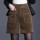 Pantalon taille haute femme, uni, poches, boutons, fente, collection automne/hiver 2023, style coréen, jambes larges, velours côtelé, coupe ample, short décontracté