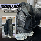 GETADME Korean Boys' Jeans Version Of Boys Street Dance Jeans Wide Leg Pants Street Dance Pants Kid Jeans Denim Cargo Pants