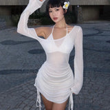 GETADME Sexy Solid Skew Collar Ruched Straps Lace-Up See Through Draw String Long Sleeve Mini Dress 2025 Summer Women Party Clubwear