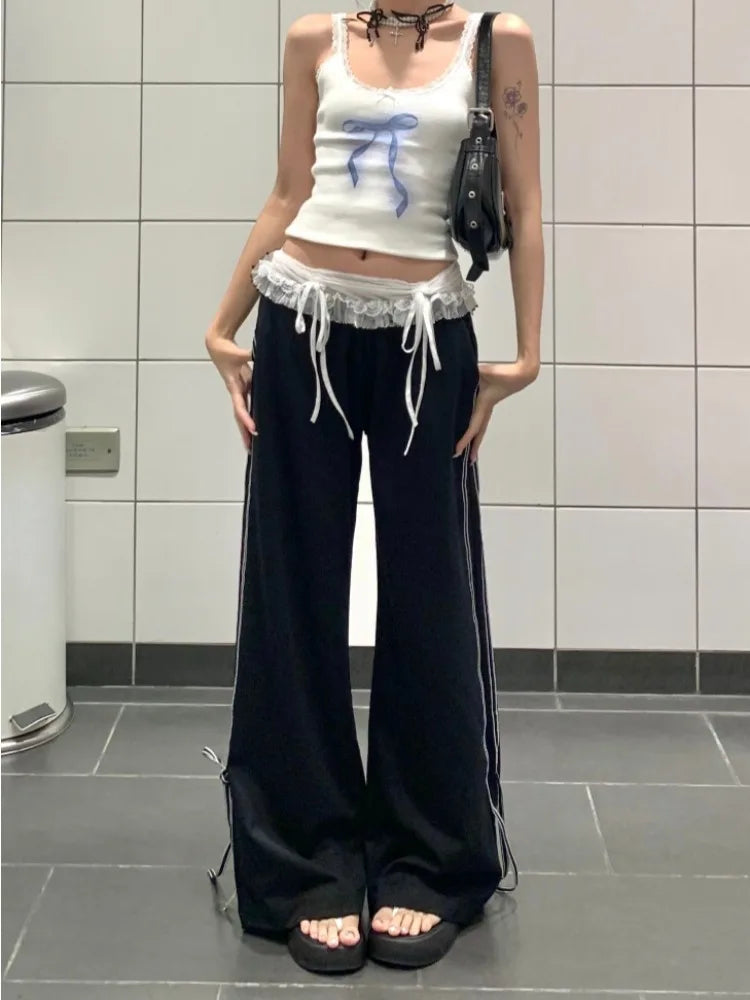 GETADME Y2k Baggy Laces Patchwork Sweatpants Vintage Woman Korean Fashion Loose Sports Pants Harajuku Gyaru Casual Trousers