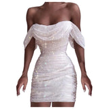 Getadme-Fall Dresses For Women 2024 Sexy Off Shoulder Ruched Glitter Sparkly Sequin Straight Bodycon Slim White Dress Vintage Prom Dress