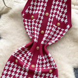 GETADME 2025 New Luxury Houndstooth Knitted Dress Summer Sleeveless Halter Metal Button Design Women Bodycon French Print Sexy Dresses