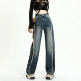 GETADME Cotton Wide-leg Women's Baggy Jeans High Waist Distressed Vintage Blue Raw Edge Splicing Y2K Pants Fashion Streetwear Autumn